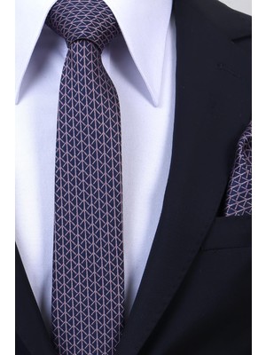 Esgue Hand Made 6 cm Slim Çizgi Desenli Lacivert Pembe Renk Mendilli Ince Kravat