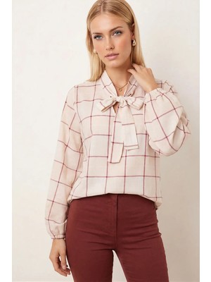 Armonika Kadın Krem Yakası Bağlamalı Kolu Lastikli Bluz ARM-25K001096