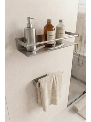 Zift Unique Paslanmaz Çelik Yapışkanlı Duş Rafı ve Havluluk Set, Havlu Askısı ve Banyo Rafı