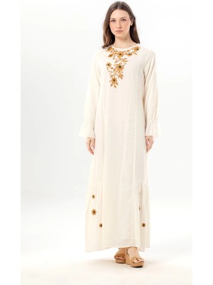 Eliş Şile Bezi Uzun Kol Aysu Nakışlı Bisiklet Yaka Şile Bezi Yazlık Uzun Elbise Krem Krm