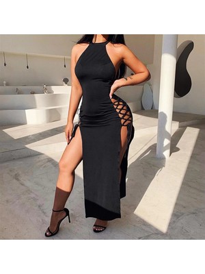 bebekokusu Bayan Yandan Bağlı Yırbrfaçlı Siyah Elbise