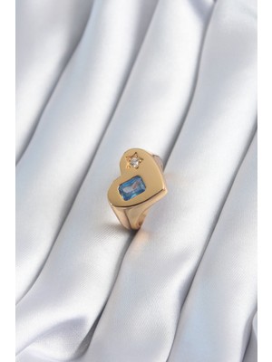 Youday Accessories Pirinç Gold Renk Kalp Model Zirkon Taş Yıldız Detay Kadın Yüzük