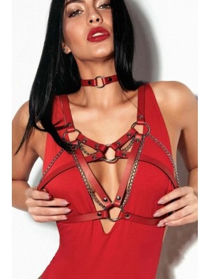 bebekokusu Zincirli Göğüs Detaylı Ince Coker Tasma Deri Harness - BRF741