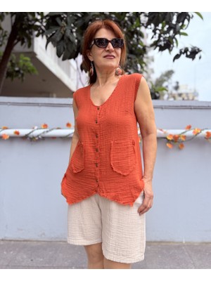 Deniz Ege Müslin Çift Cep Püskül Yelek Tarçın