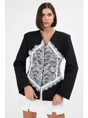 Diemmood Kadın Dantel Işlemeli Vatkalı Bel Oturtmalı Siyah Blazer Ceket