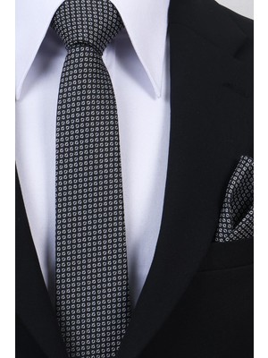 Esgue Hand Made 6 cm Slim Micro Desenli Siyah Beyaz Renk Mendilli Ince Kravat