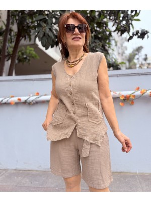 Deniz Ege Müslin Çift Cep Püskül Yelek Vizon