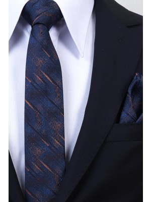 Esgue Hand Made 6 cm Slim Desenli Lacivert Kiremit Renk Mendilli Ince Kravat