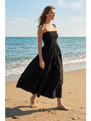 Pastelastore Uzun Pamuklu Astarsız Yaz Elbisesi – Askılı