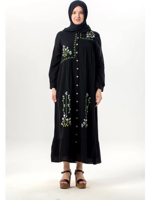 Eliş Şile Bezi Uzun Kol Neşe Nakış Detaylı Boydan Düğmeli Yazlık Şile Bezi Uzun Elbise Siyah Syh