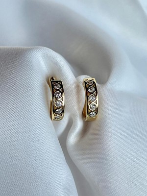 PremiumPort Şık 14K Altın Rengi Taş Detaylı Kadın Halka Küpe