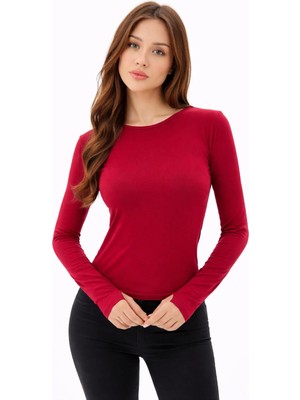 Vesantia Kadın Bordo Parmak Geçmeli Uzun Kollu Bisiklet Yaka Likralı Bluz