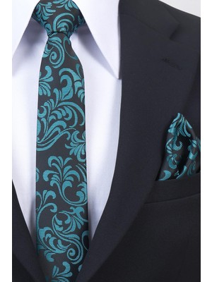 Esgue Hand Made 6 cm Slim Dalgalı Desen Siyah Petrol Yeşili Mendilli Ince Kravat