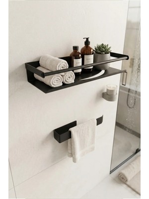 Zift Unique Paslanmaz Çelik Yapışkanlı Duş Rafı ve Havluluk Set Mat Siyah Modern Tasarım