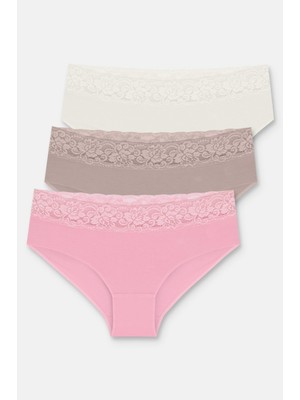 Suwen 3\'lü Pamuklu Dantelli Normal Bel Hipster Külot