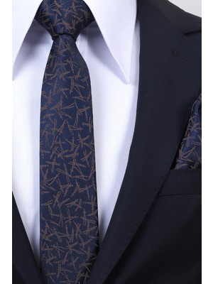 Esgue Hand Made 6 cm Slim Desenli Lacivert Kahve Renk Mendilli Ince Kravat