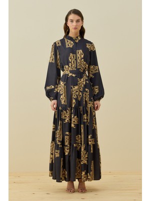 Merwishop Merwish Desenli Ester Elbise 1662 Gold