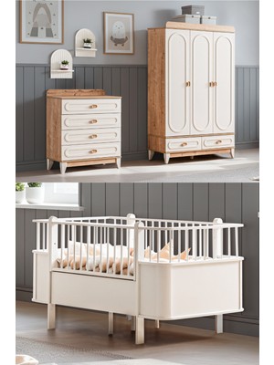 Setay Soft Meşe Çocuk Odası Takımı, Soft Meşe 3 Kapaklı Dolap, Şifonyer, Dünya Büyüyen Beşik