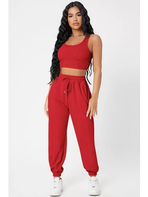 bebekokusu Kadın Kırmızı Kaşkorse Cepli Jogger Eşofman Altı ve Crop Top Bluz