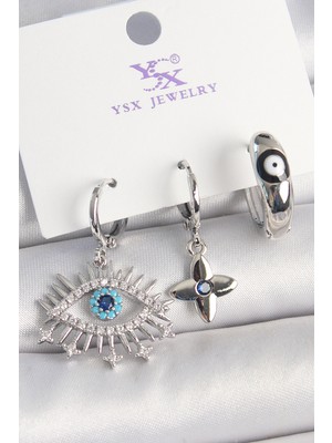 Youday Accessories Pirinç Gümüş Renk Zirkon Taşlı Göz Model Nazar Boncuk Detay 3'LÜ Kadın Kombin Küpe