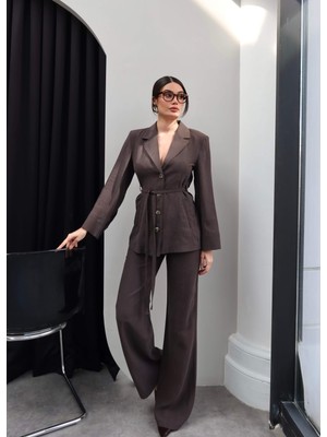 Esra Helvacı Kuşaklı Blazer Ceket Pantolon Takım