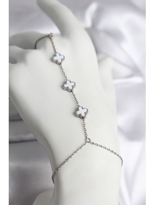 Youday Accessories 316L Çelik Gümüş Renk Beyaz Yonca Model Kadın Şahmeran