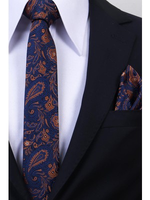 Esgue Hand Made 6 cm Slim Şal Desenli Lacivert Kiremit Renk Mendilli Ince Kravat