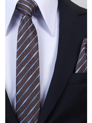 Esgue Hand Made 6 cm Slim Çizgili Desen Kahverengi Mavi Renk Mendilli Ince Kravat