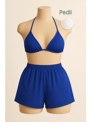 bebekokusu Kadın Mavi Şortlu Belden ve Boyundan Bağlamalı Bikini Takımı