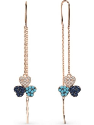 925 Ayar Papatya Silver Altın Işçilik Kalp Taşlı Sallantılı Yonca Küpe.rose.gold.rodaj