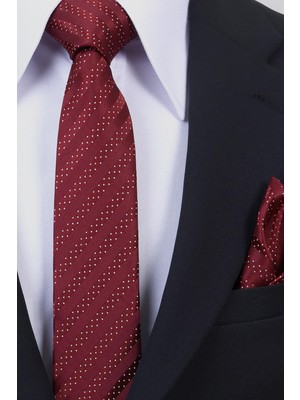 Esgue Hand Made 6 cm Slim Çizgili Desen Bordo Beyaz Renk Mendilli Ince Kravat