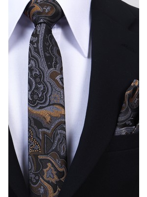 Esgue Hand Made 6 cm Slim Şal Desenli Füme Gold Renk Mendilli Ince Kravat