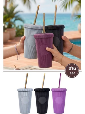 Flora 3 Adet Pipetli Kapaklı Opak Bardak 660 Ml, Smoothie Meşrubat Içecek Bardağı Mor-Gri-Siyah 3’lü Set