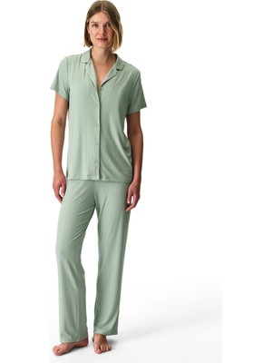 Penti Açık Yeşil Alia Green Rib Düğmeli Gömlek Pantolon Pijama Takımı
