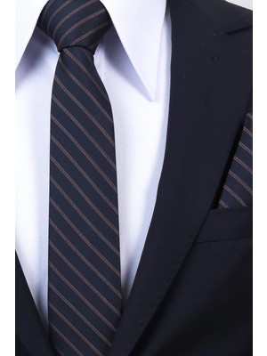 Esgue Hand Made 6 cm Slim Çizgili Desen Lacivert Kahve Renk Mendilli Ince Kravat