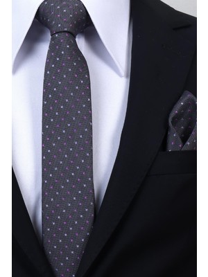 Esgue Hand Made 6 cm Slim Artı Desen Gri Lila Renk Mendilli Ince Kravat