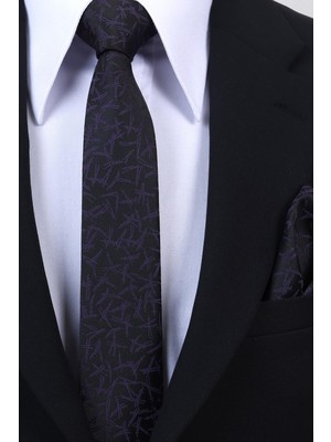 Esgue Hand Made 6 cm Slim Desenli Siyah Mor Renk Mendilli Ince Kravat