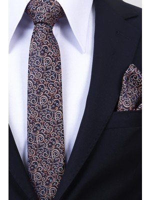 Esgue Hand Made 6 cm Slim Desenli Lacivert Kiremit Renk Mendilli Ince Kravat