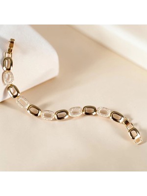 Nur Silver Oval Luxe Gold Bileklik - NUR-BL92507