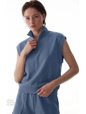 Penti Mavi Yarım Fermuarlı Kısa Kollu Pamuklu Sweatshirt