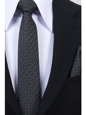 Esgue Hand Made 6 cm Slim Motif Desen Siyah Gri Renk Mendilli Ince Kravat