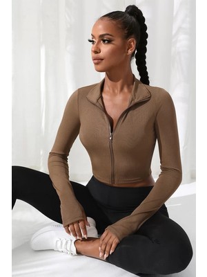 bebekokusu Kadın Kahverengi Uzun Kol Fermuarlı Parmak Geçme Detaylı Dik Yaka Crop Top Bluz
