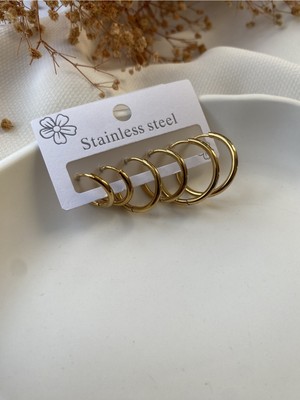 PremiumPort Altılı Kadın Çelik Küpe Seti, 3 Farklı Boy, Şık Gold Renk