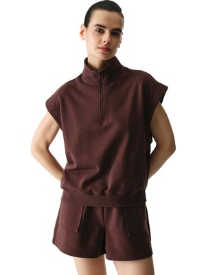 Penti Kahverengi Yarım Fermuarlı Kısa Kollu Pamuklu Sweatshirt