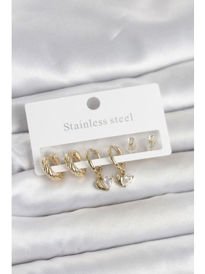 Youday Accessories 316L Çelik Gold Renk Kalp Detaylı Kadın Küpe Seti