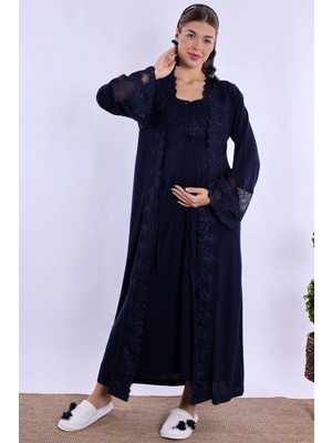 Effort Lacivert Sabahlıklı Hamile Lohusa Pijama Takımı Pamuklu Rahat Kesim