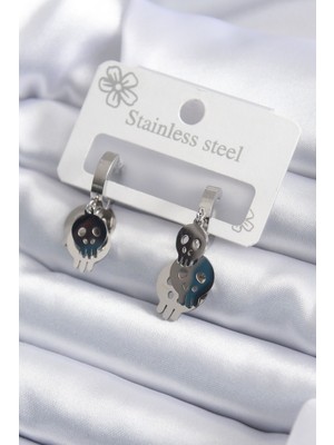 Youday Accessories 316L Çelik Gümüş Renk Sallantı Kuru Kafa Model Kadın Küpe