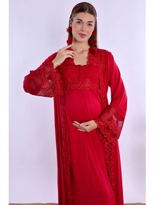 Effort Vişne Sabahlıklı Hamile Lohusa Pijama Takımı Pamuklu Rahat Kesim