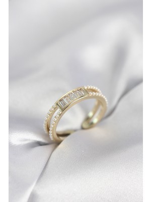 Youday Accessories Baget Zirkon Taşlı Gold Renk Incili Kadın Yüzük