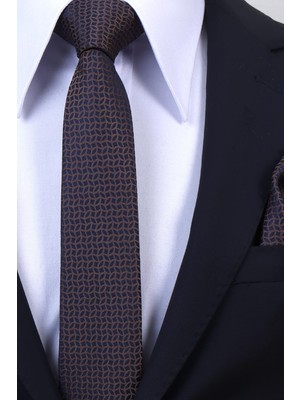 Esgue Hand Made 6 cm Slim Geometrik Desen Lacivert Kahve Renk Mendilli Ince Kravat